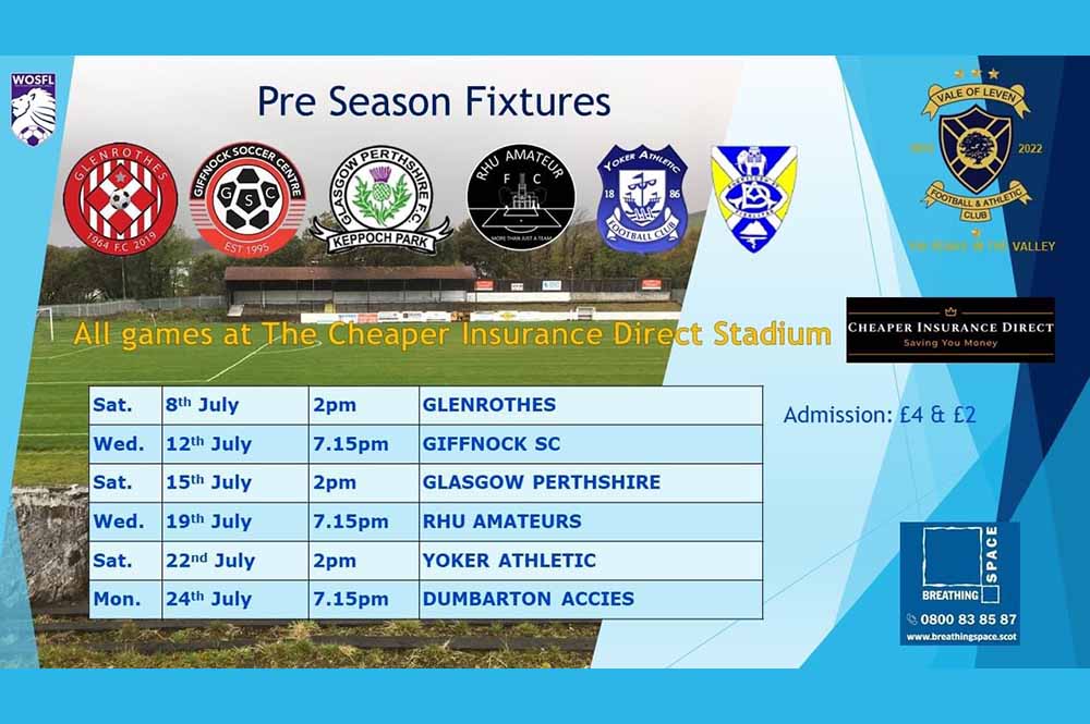 Vale of Leven AFC Pre-season Friendly Home Fixtures for July 2023